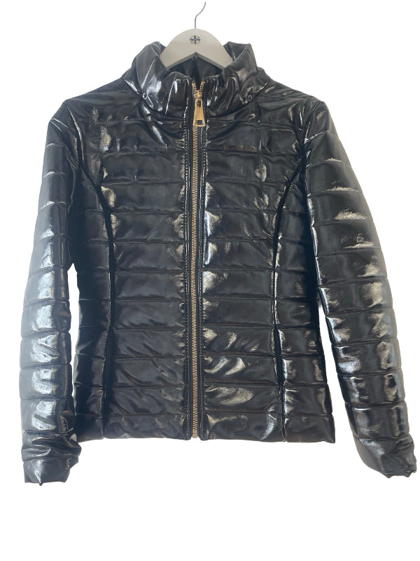 A shiny black quilted puffer jacket with a high collar and front zipper, hanging on a white hanger against a plain white background.