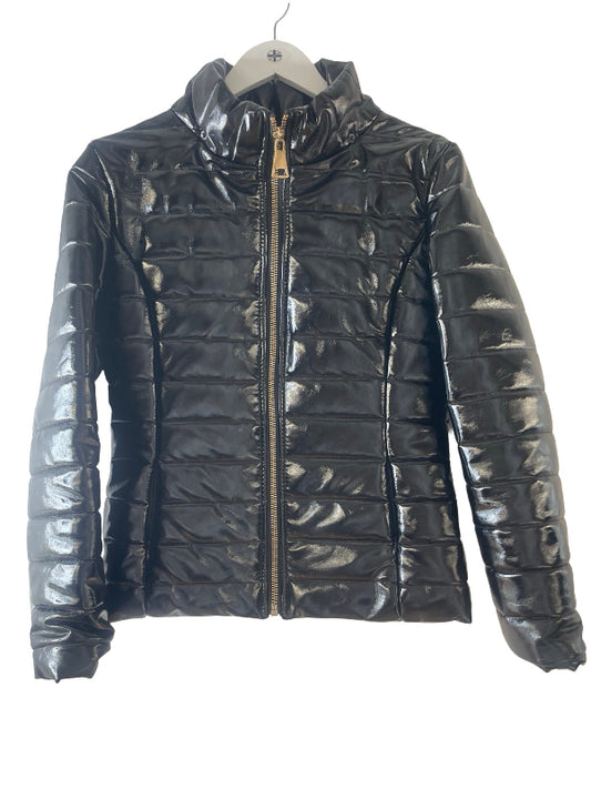 A shiny black quilted puffer jacket with a high collar and front zipper, hanging on a white hanger against a plain white background.