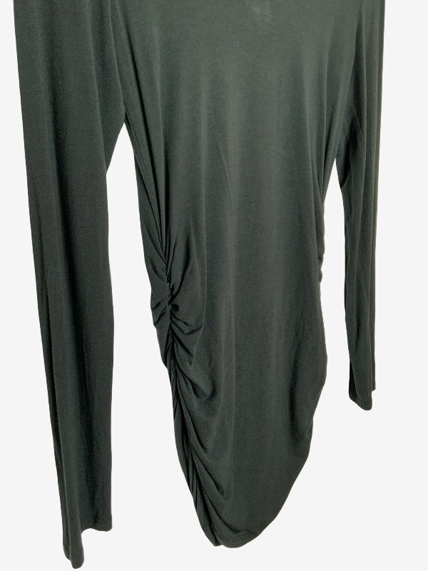 A dark olive green long-sleeve top with a gathered ruched detail on the side, shown against a plain white background.