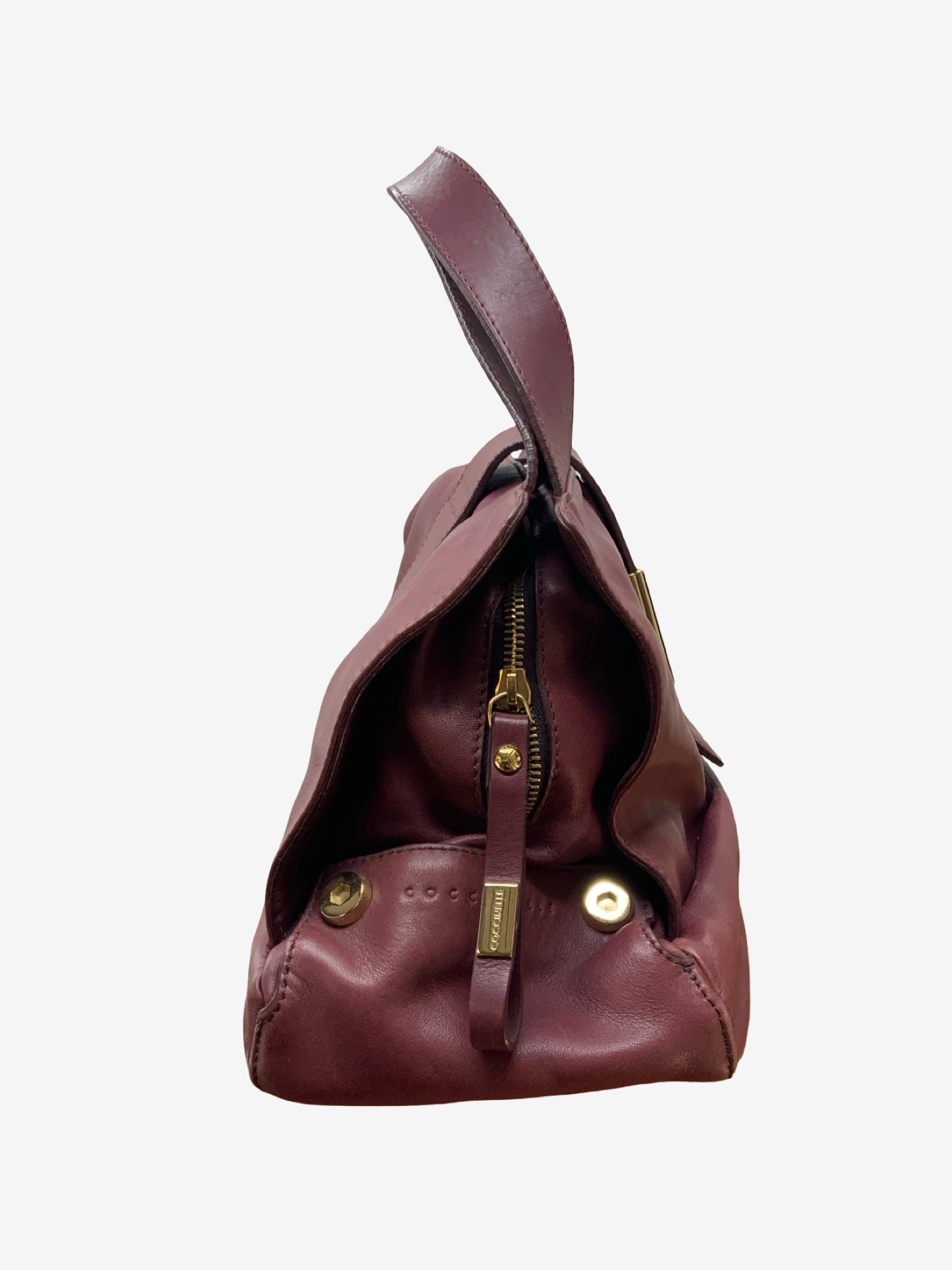 A burgundy leather shoulder bag with gold-tone hardware, shown from a side profile view against a plain white background.