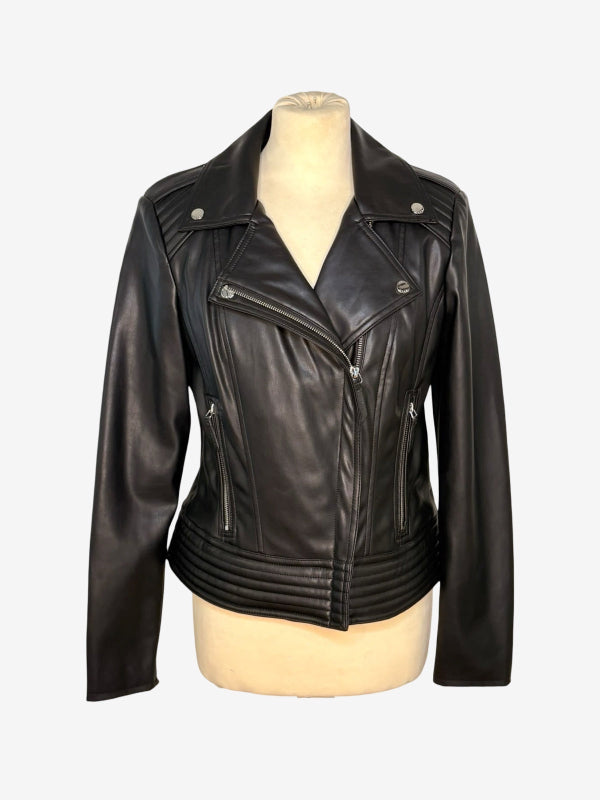 A black faux leather motorcycle jacket with silver hardware, displayed on a beige mannequin torso against a light gray background.
