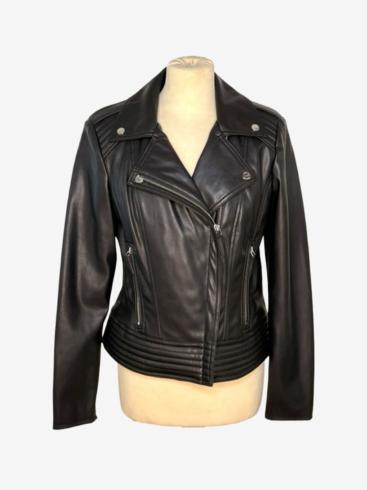A black faux leather motorcycle jacket with silver hardware, displayed on a beige mannequin torso against a light gray background.