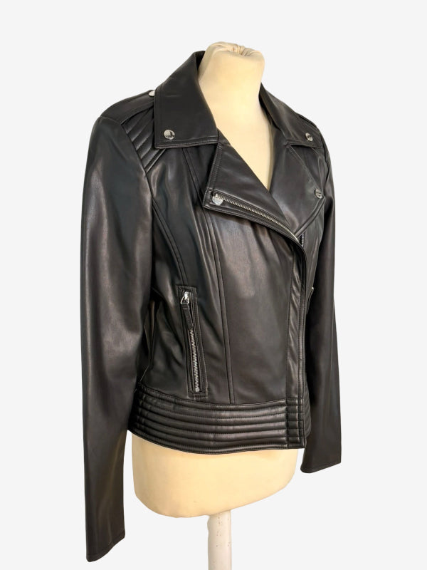A black faux leather motorcycle jacket displayed on a beige mannequin torso against a light gray background.