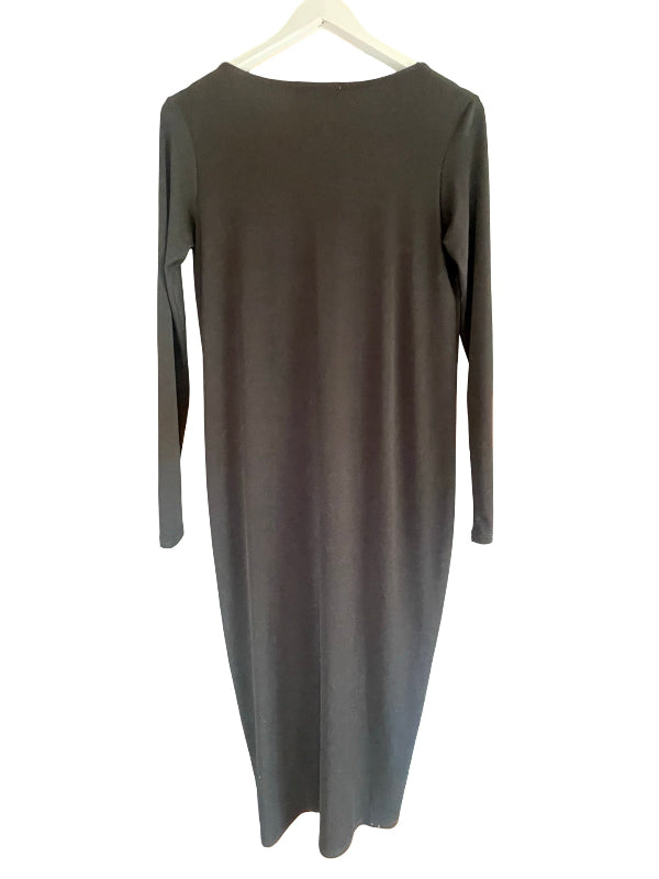 A black long-sleeve knit dress hanging on a white hanger against a plain white background.