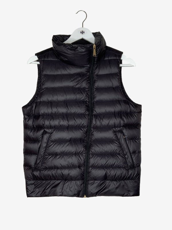 A black sleeveless puffer vest with a high stand-up collar and front zipper, hanging on a white hanger against a light gray background.