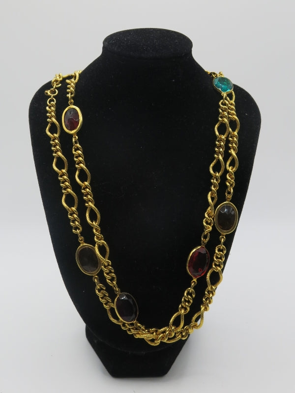 Multi Colour Vintage Station Gold Long Necklace
