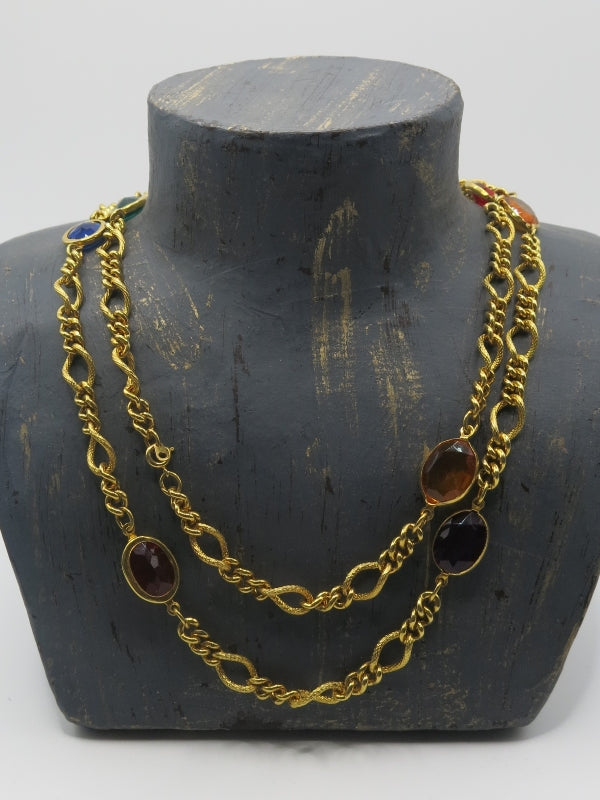 Multi Colour Vintage Station Gold Long Necklace