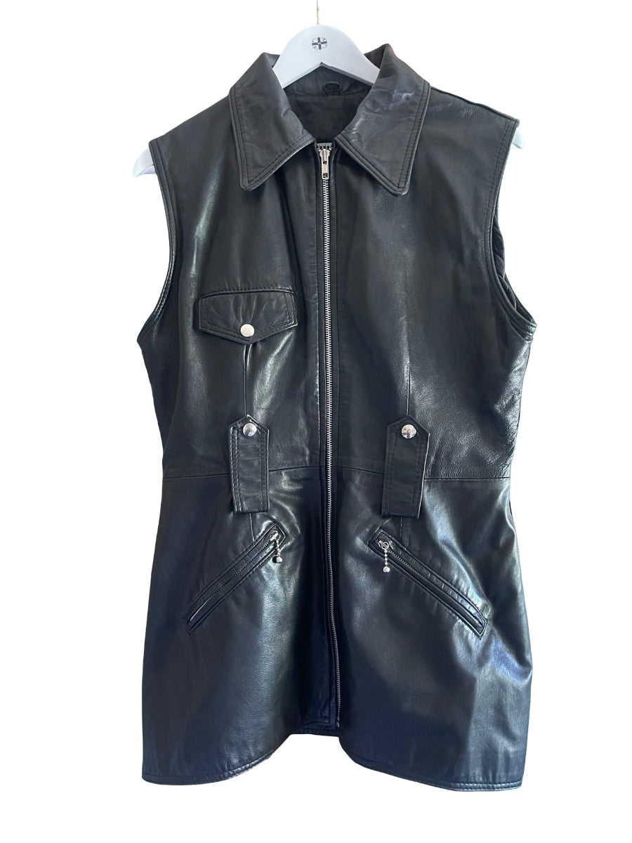 Black real  leather sleeveless vest with a front zipper, collar, flap chest pockets, and zippered lower pockets, hanging on a white hanger against a white background.