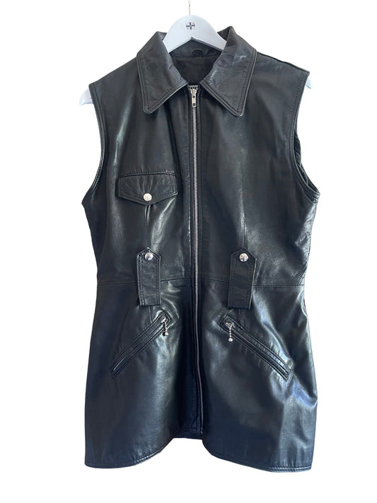 Black real  leather sleeveless vest with a front zipper, collar, flap chest pockets, and zippered lower pockets, hanging on a white hanger against a white background.