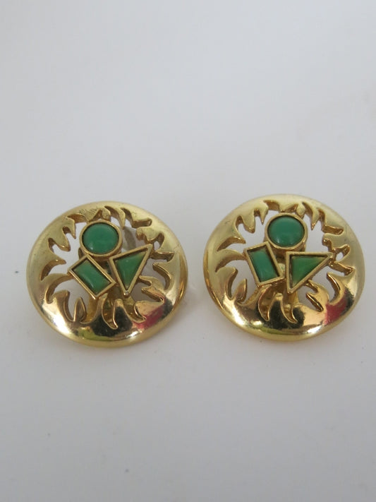 Round Jade Bezel Green Clip On Earrings