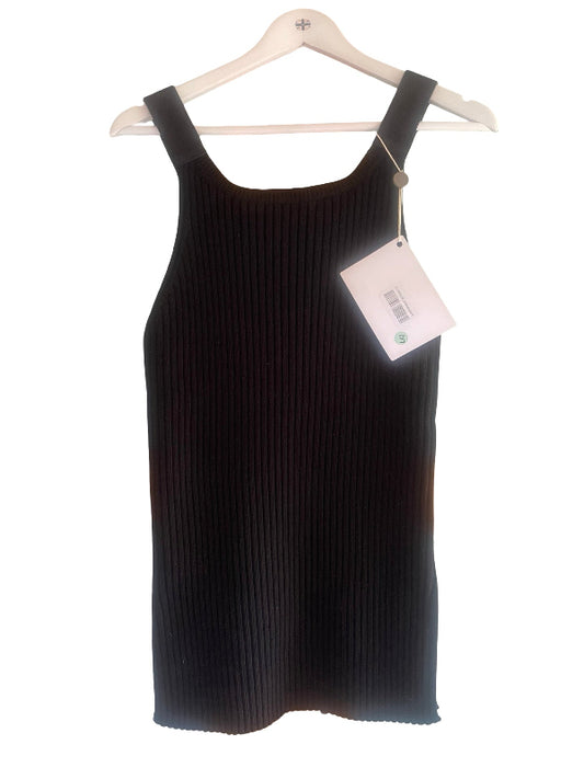 A black ribbed knit sleeveless tank top hanging on a white plastic hanger with a white product tag attached, set against a plain white background.