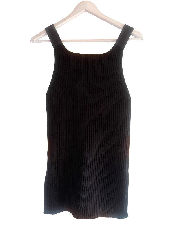 A black ribbed knit tank top with a square neckline and wide shoulder straps, hanging on a white plastic hanger against a plain white background.