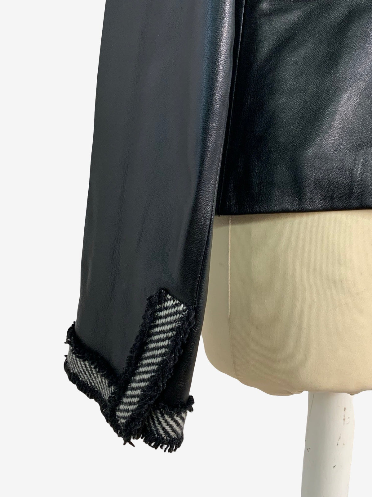 Olsen Black Leather Jacket with Herringbone Trim