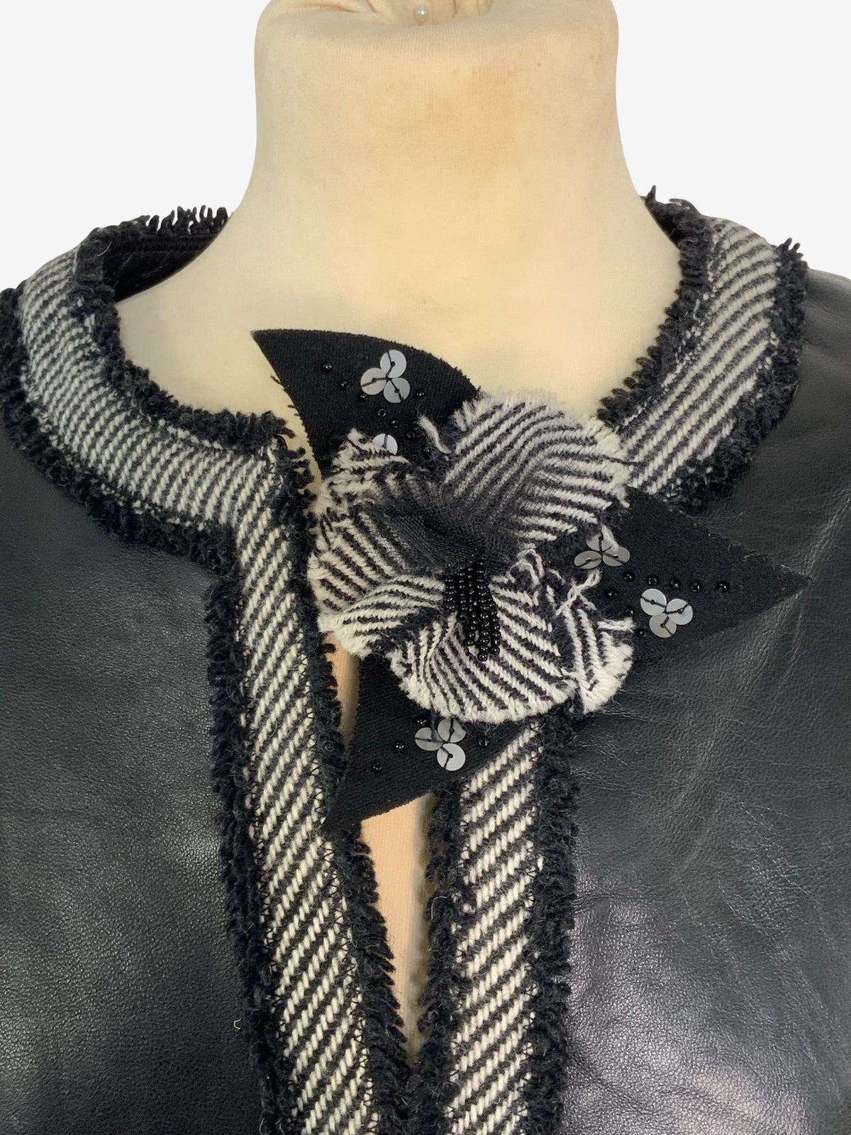 Olsen Black Leather Jacket with Herringbone Trim