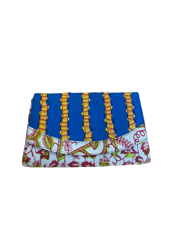 Majolica style printed fabric clutch bag blue red and gold