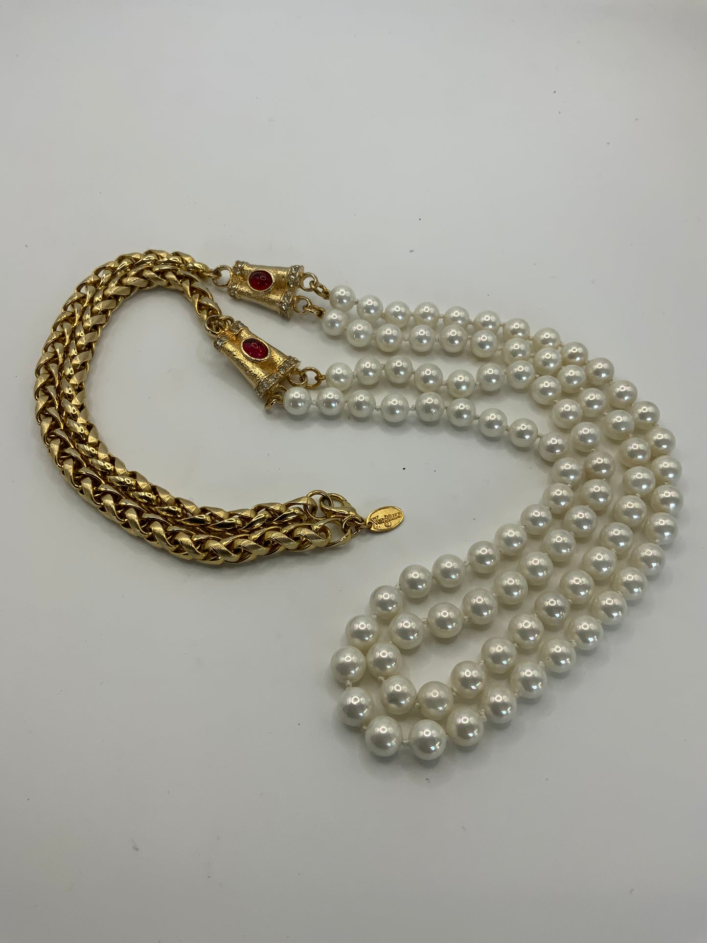 Vendome Large Gold Ingot and Red and Blue Bezel Bead and Pearl Necklace Signed