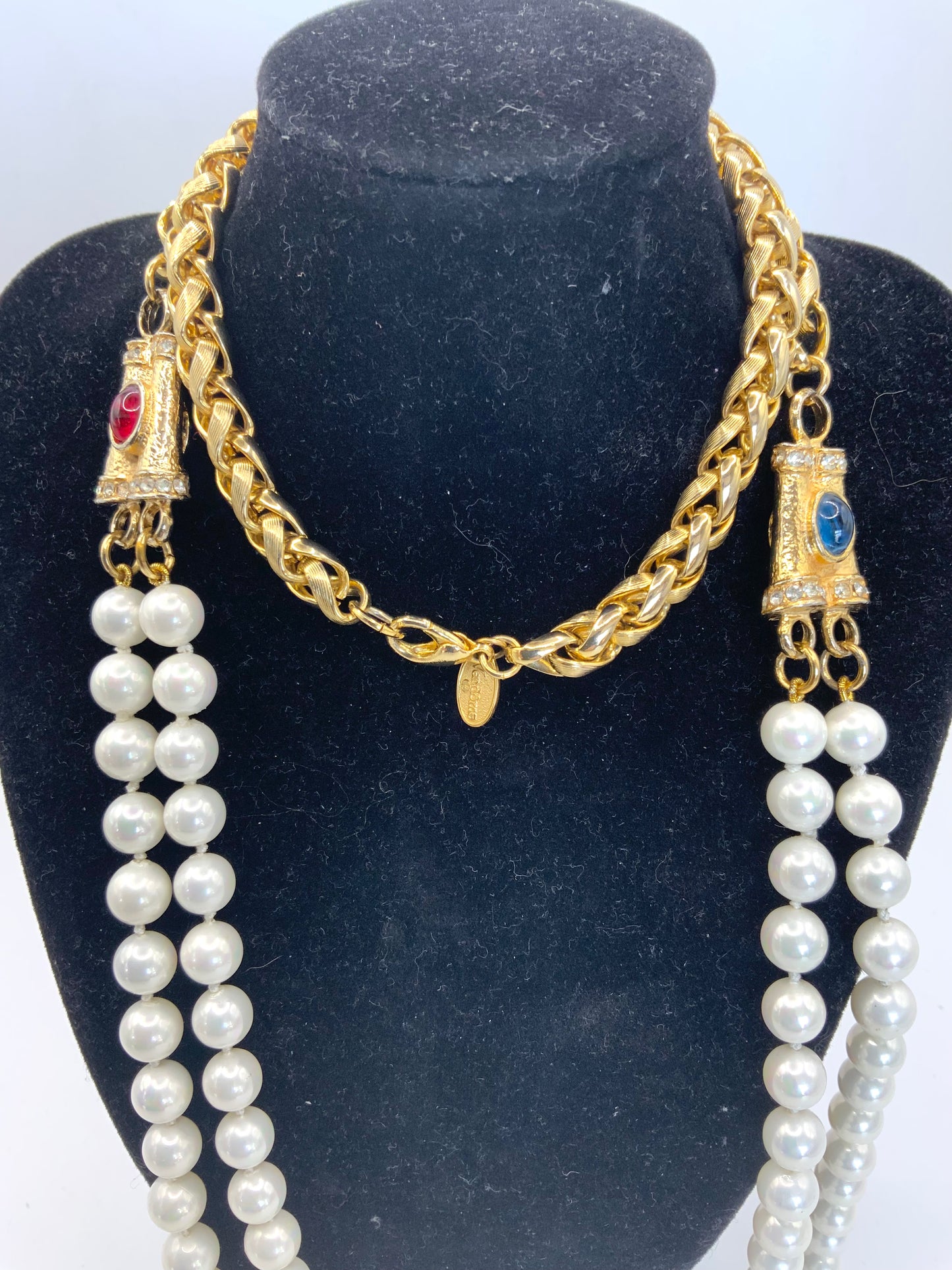 Vendome Large Gold Ingot and Red and Blue Bezel Bead and Pearl Necklace Signed