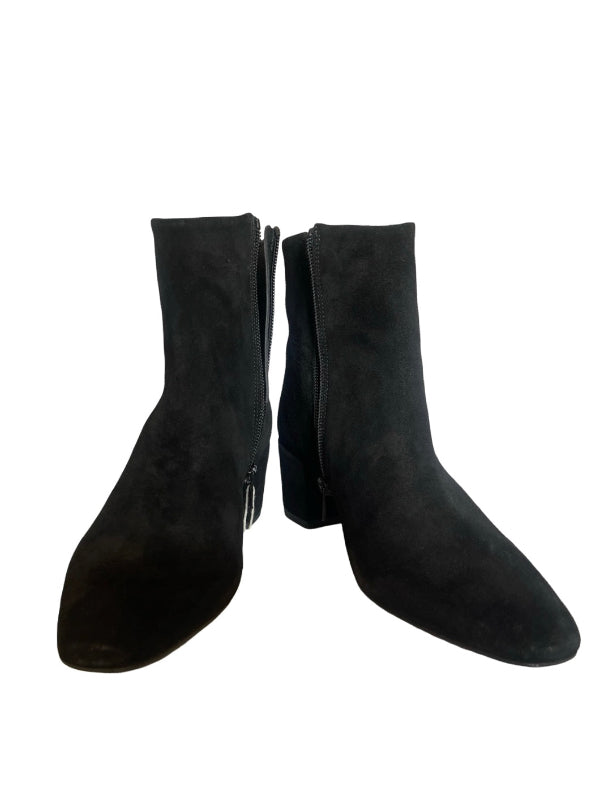 A pair of black suede ankle boots with a pointed toe and side zipper, shown against a plain white background.