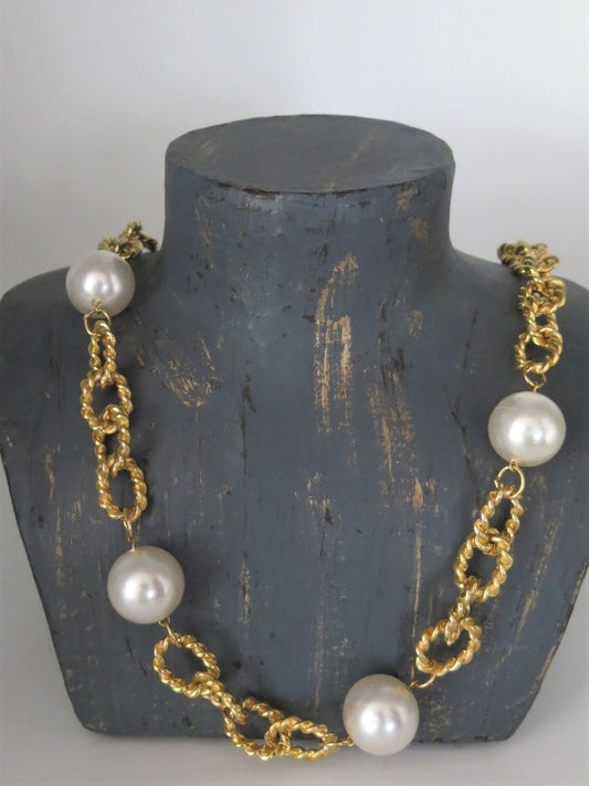 Long Pearl Filigree Link Chain Necklace