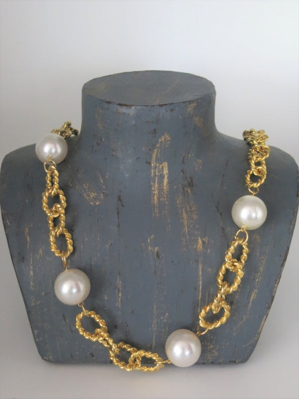 Long Pearl Filigree Link Chain Necklace
