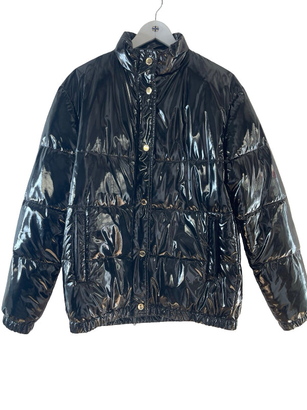 A shiny black puffer jacket with horizontal quilting, displayed on a hanger against a plain white background.