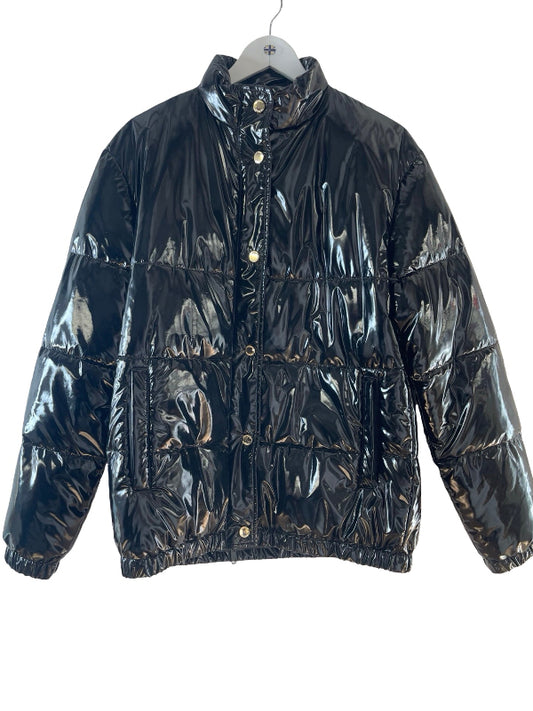 A shiny black puffer jacket with horizontal quilting, displayed on a hanger against a plain white background.