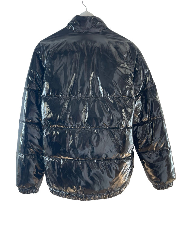 A shiny black puffer jacket with horizontal quilting, shown from the back on a white background.
