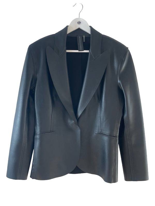 A black faux leather blazer jacket with notched lapels and welt pockets, hanging on a white hanger against a plain white background.