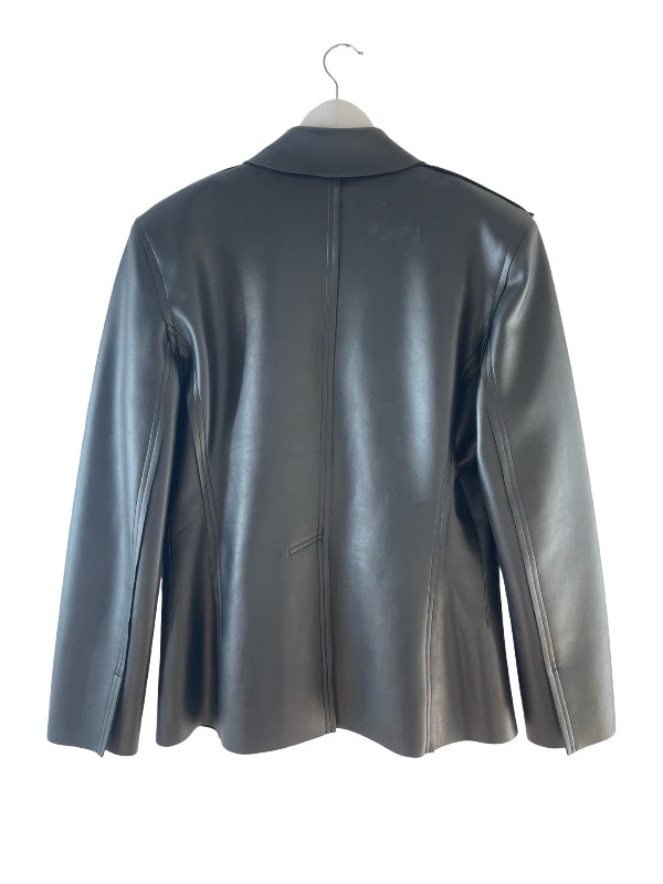 A black faux leather jacket shown from the back, hanging on a white hanger against a plain white background.