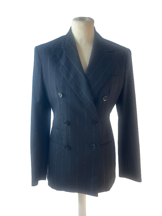 A double-breasted pinstripe blazer displayed on a mannequin torso against a plain white background.