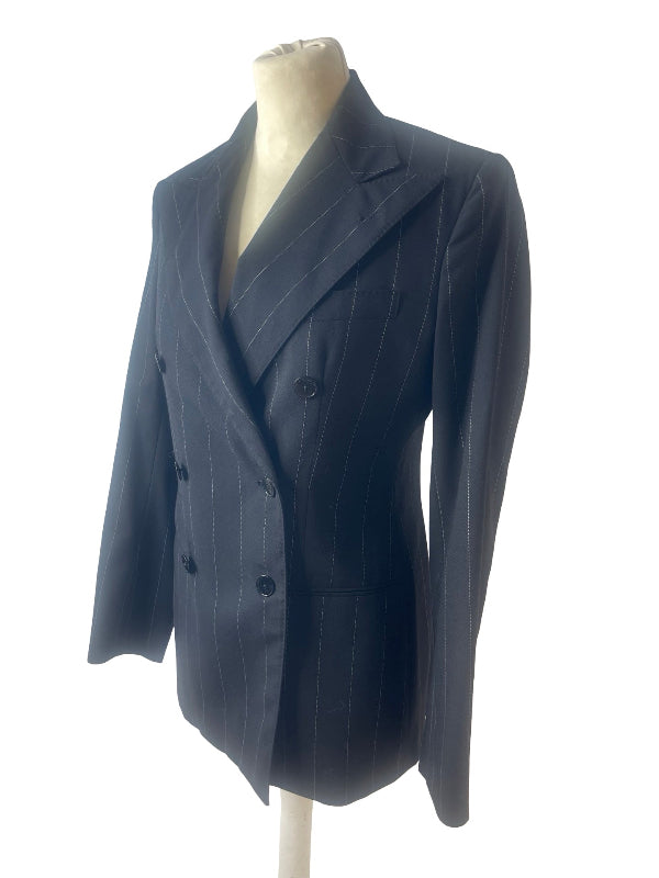 A black double-breasted pinstripe blazer displayed on a beige mannequin torso against a plain white background.