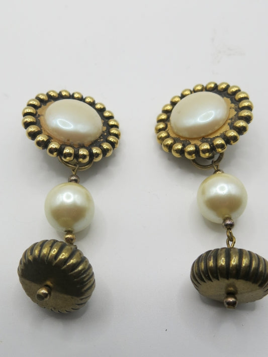 Gold and Pearl Antique Bauble Drop Earrings