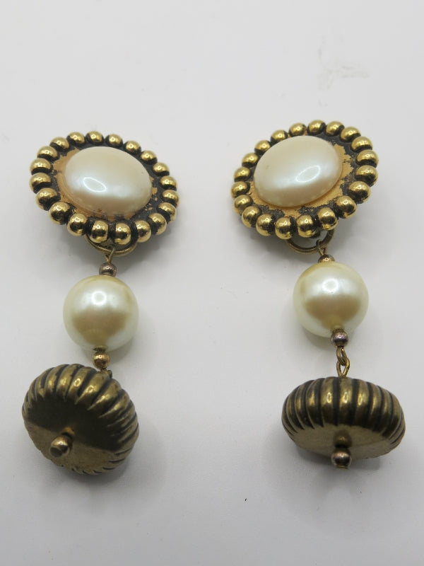 Gold and Pearl Antique Bauble Drop Earrings