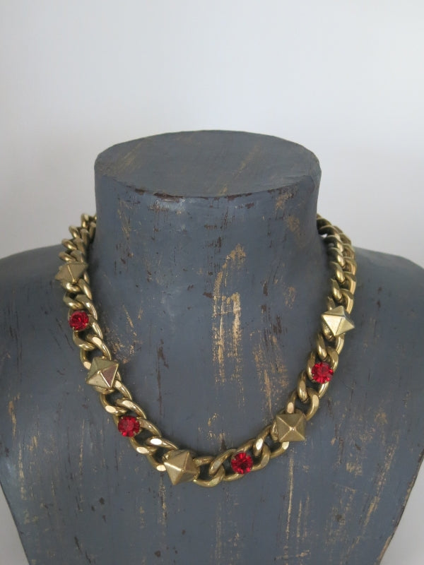 Gold Tone And Red Glass Chunky Necklace