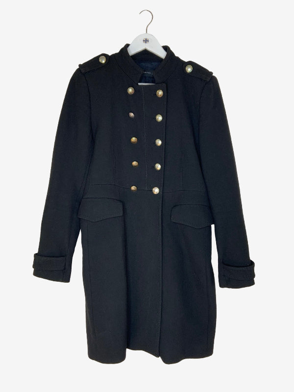 A black military-style coat with gold buttons, displayed on a white hanger against a light gray background.