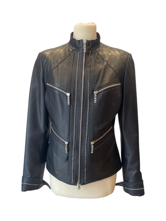 Butter soft black leather ladies jacket with diamonds down the front 