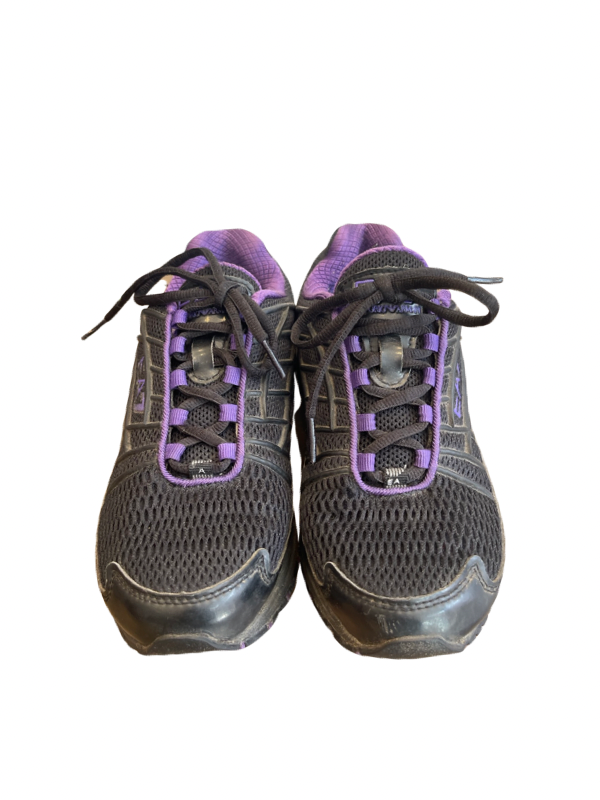 Black mesh sneakers with purple trim