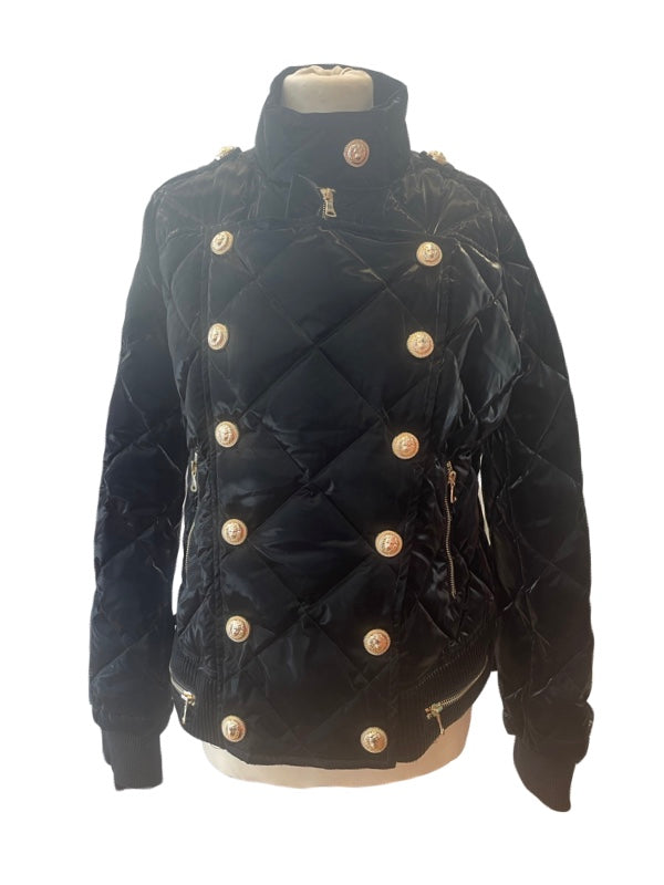Padded shiny jacket black with 2 rows of gold lion buttons 