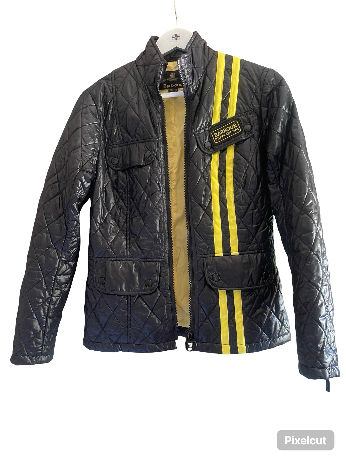 Barbour Light Padded Jacket Black With Yellow Racing Stripe