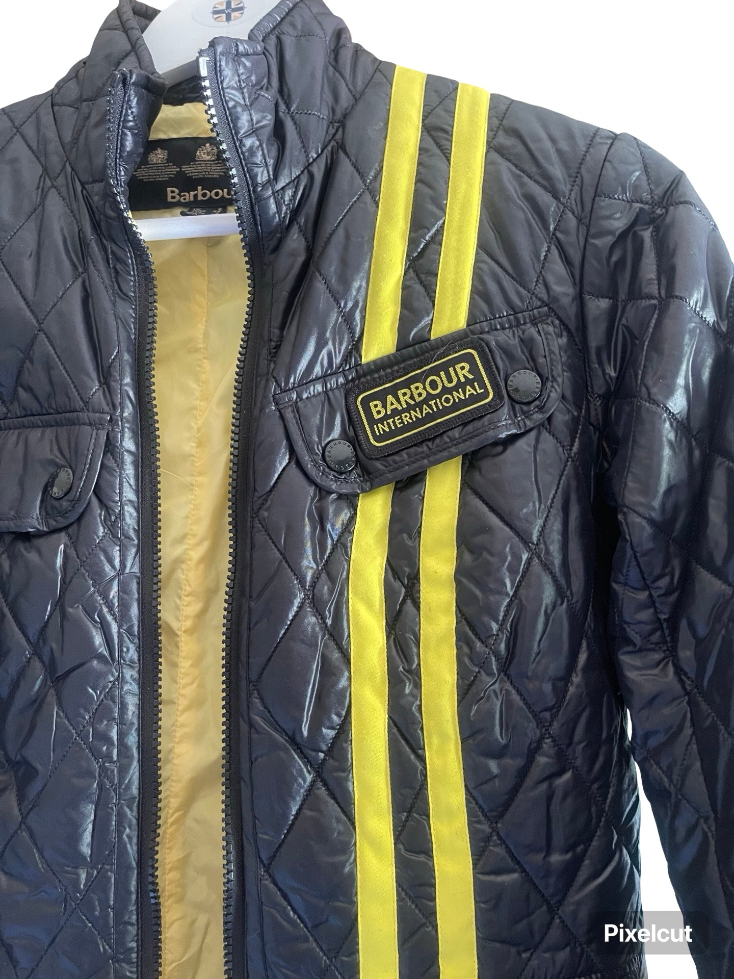 Barbour Light Padded Jacket Black With Yellow Racing Stripe