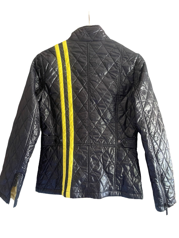 Black quilted leather jacket with two vertical yellow stripes down the center back, shown on a white background.