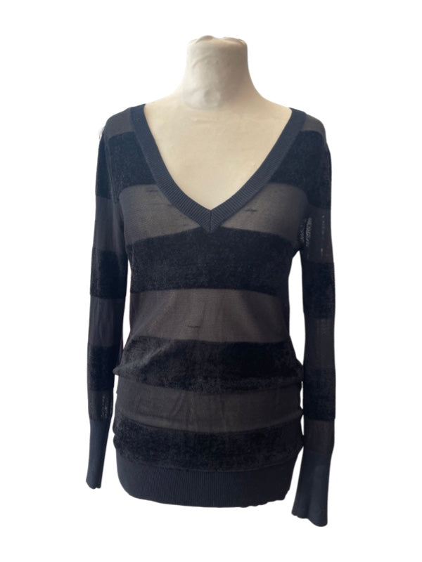 Black V neck silky jumper with black velour contrasting stripe