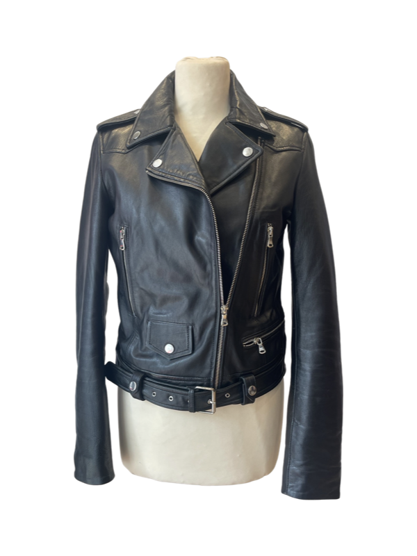 Leather biker jacket black silver hardware