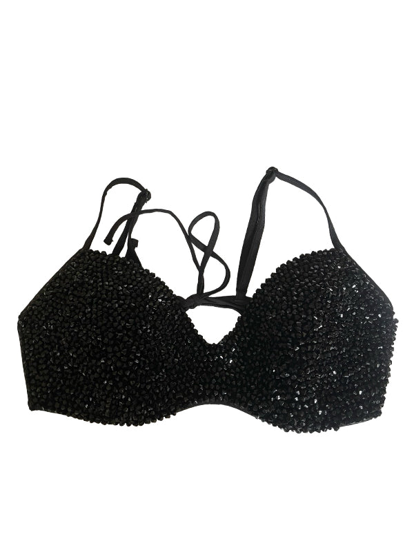 A black beaded bikini top with thin adjustable shoulder straps and a keyhole cutout at the center front, displayed against a plain white background.