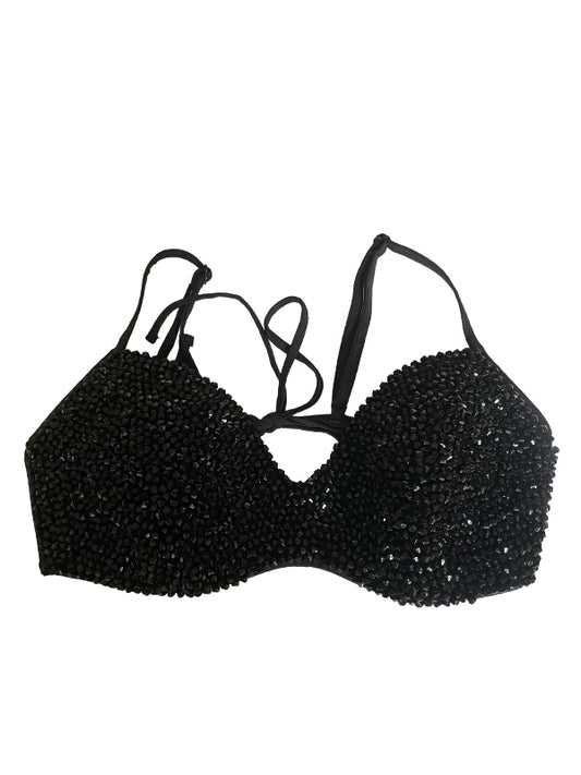 A black beaded bikini top with thin adjustable shoulder straps and a keyhole cutout at the center front, displayed against a plain white background.