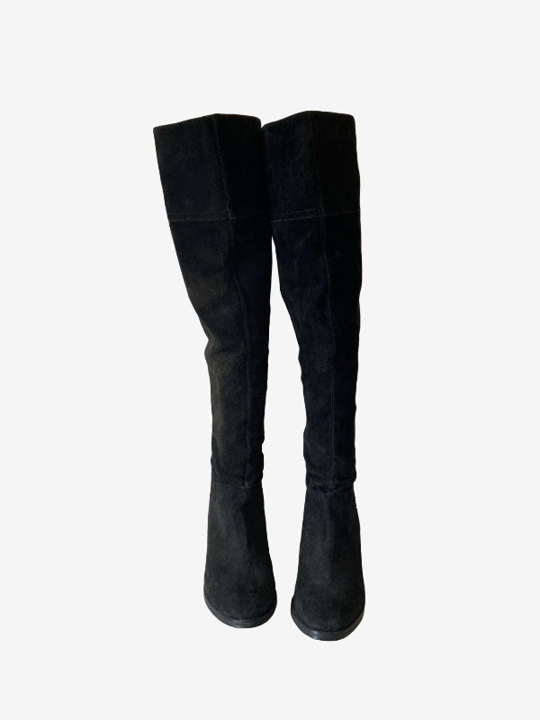 A pair of black over-the-knee boots made of a soft suede-like material, shown against a plain light gray background.
