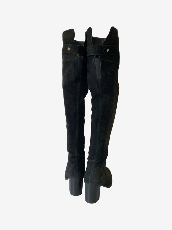 A pair of black suede over-the-knee boots with block heels, shown from the back against a plain white background.