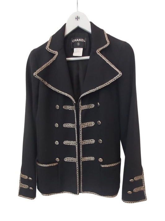 Chanel blue jacket with silver buttons and silver military braid