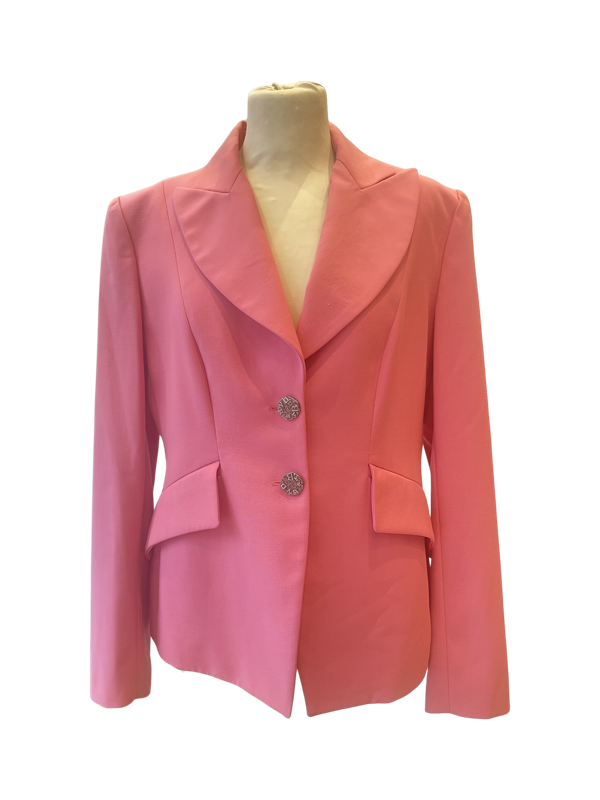 Bubblegum pink long line vintage single breasted jacket with 2 ornate silver buttons