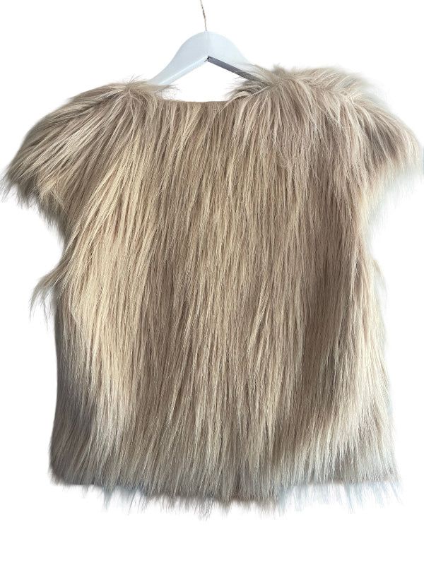 A shaggy faux fur vest in a light beige and gray ombre pattern, hanging on a white hanger against a white background.